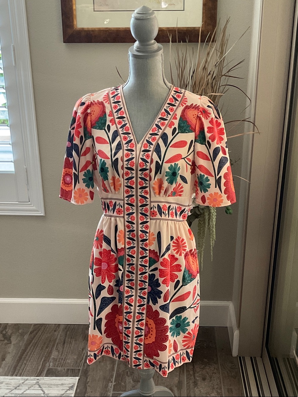Floral Embroidered V-Neck Women's Dress in Cream and Coral